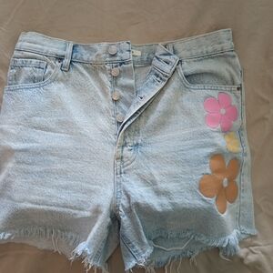 PACSUN 90's Girlfriend Light Blue Flower Graphic Denim Shorts Waist Size 30